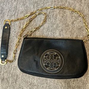 Tory Burch black leather cross body with gold accent & chain